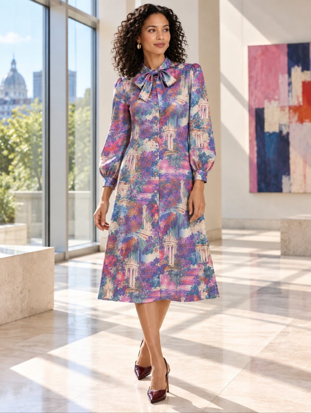 Vintage Miss Berkeley Montreal Watercolor Print Tie Neck Midi Dress M